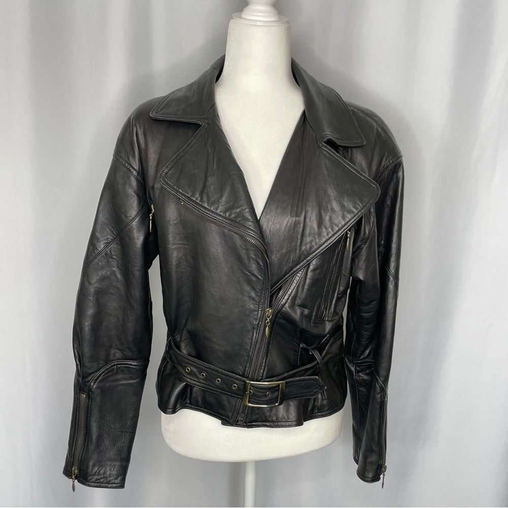 Black Leather Moto Jacket with Notched Lapels and Belted Waist